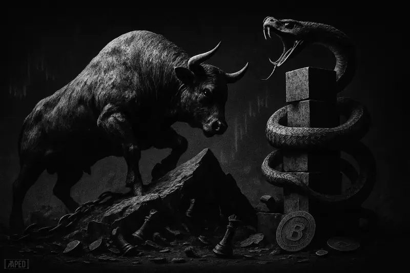 A grayscale bull stalls near a summit as a coiled serpent looms behind, with debris and broken pieces signaling a fragile crypto market.