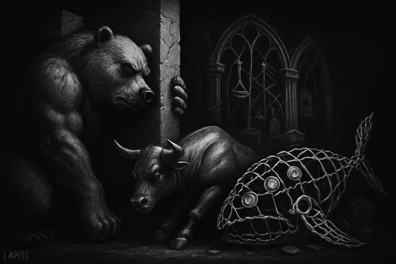 A monochrome bear, bull, and fragile whale strain before a cracked barrier in a dark data-grid financial scene.