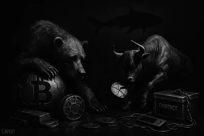 A monochrome bear slumps over shattered crypto symbols as a weak bull struggles upward under a dark data-grid backdrop.