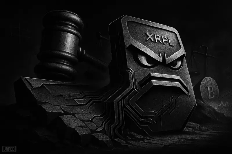 A metallic ledger machine reroutes around broken barriers as regulatory symbols loom and a bitcoin coin slides on a dark volatile slope.
