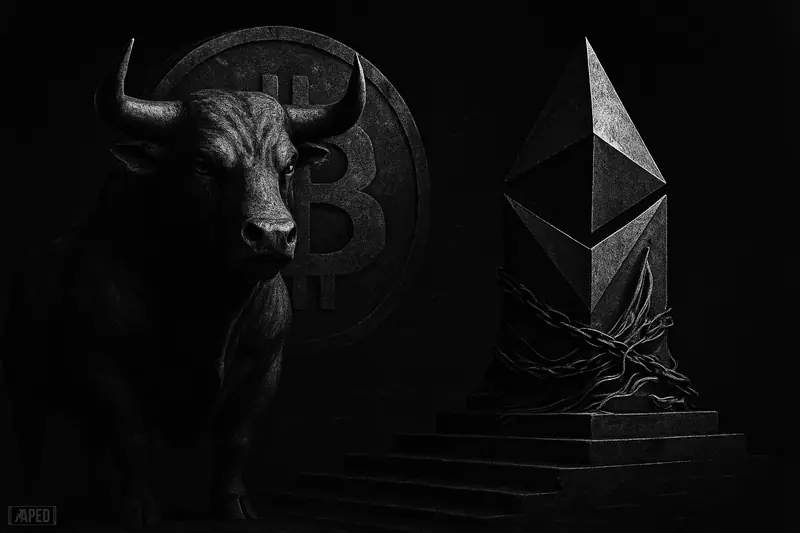 A dramatic grayscale bull stands before symbolic Bitcoin and Ethereum structures on rising steps against a dark data-grid background.
