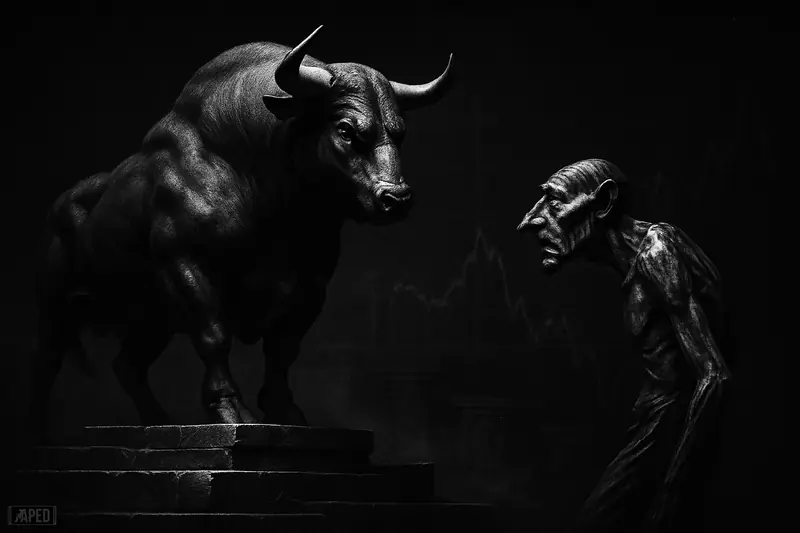 A powerful bull towers over a strained metallic rival in a dark grayscale financial battlefield with faint grid lines and cinematic shadows.