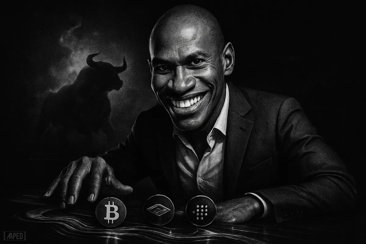 Arthur Hayes caricature in a dark trading scene, looming over crypto symbols as a smoky bull and data grid suggest a risk-on weekend rally.