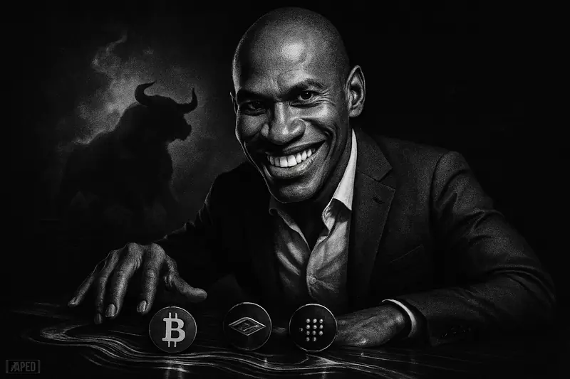 Arthur Hayes caricature in a dark trading scene, looming over crypto symbols as a smoky bull and data grid suggest a risk-on weekend rally.