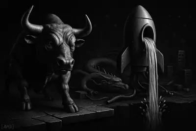 A grayscale mechanical bull holds a ledge as a leaking rocket pool drains away and a frozen serpent rests among broken network cables.