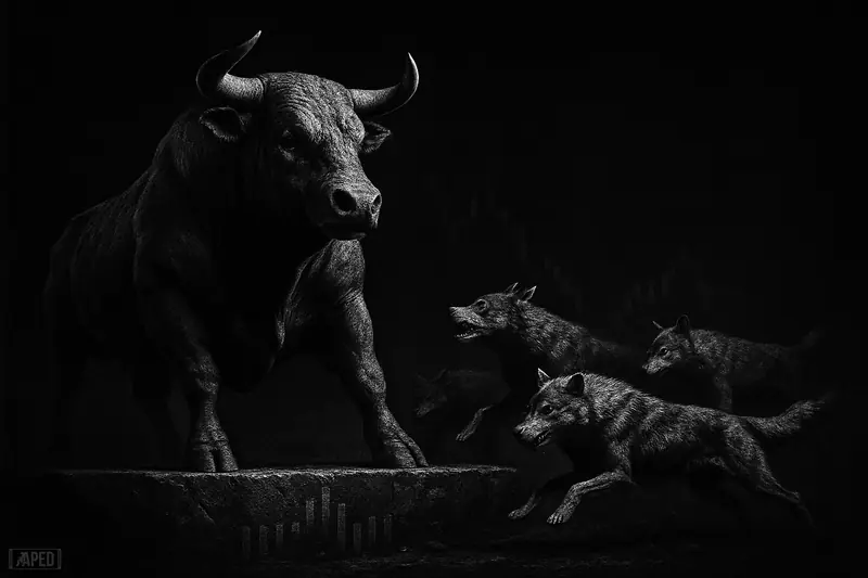 A grayscale bull holds a cracked ledge while restless wolves circle in a dark financial battlefield with a faint data grid.