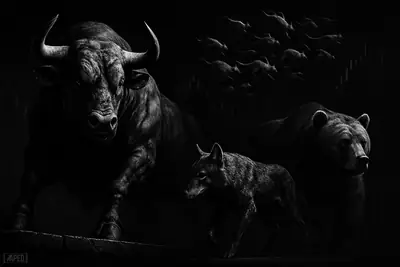 A grayscale bull holds a cracked support ledge while a wolf, bear, and darting smaller creatures suggest sideways majors and altcoin rotation.