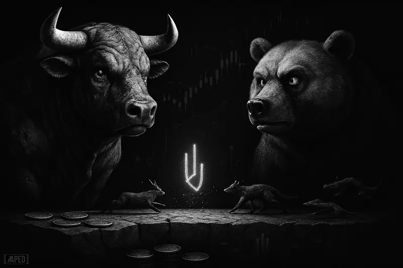 A bull and bear face off on a narrow ledge while smaller creatures rush toward catalyst symbols in a dark grayscale market scene.