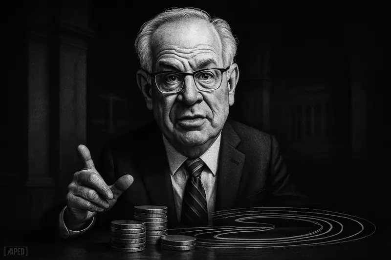 Christopher Waller caricature in a dark policy chamber, gesturing calmly over metallic stablecoin-like discs and regulatory symbols in monochrome grayscale.