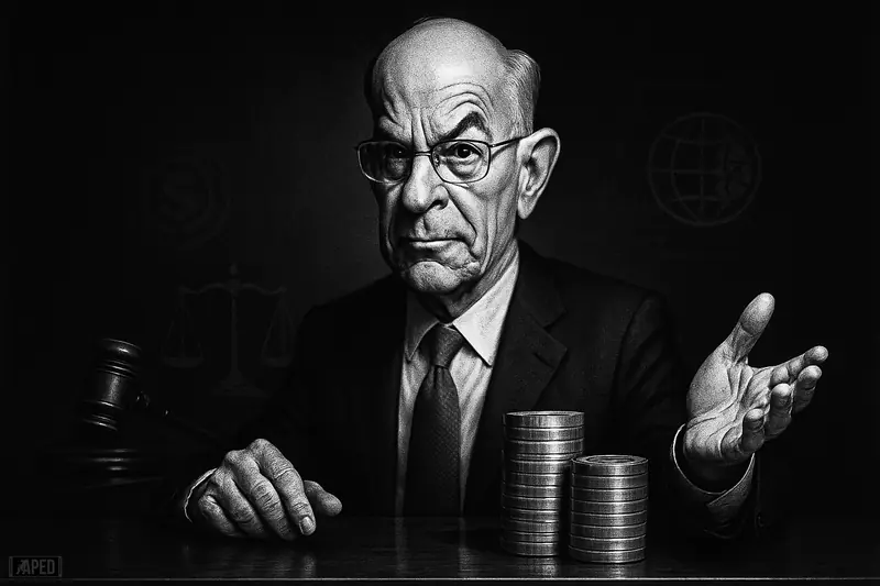 Christopher Waller caricature at a dark desk, gesturing confidently beside stablecoin-like discs, with regulation symbols and a faint global data grid behind him.
