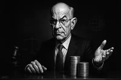 Christopher Waller caricature at a dark desk, gesturing confidently beside stablecoin-like discs, with regulation symbols and a faint global data grid behind him.