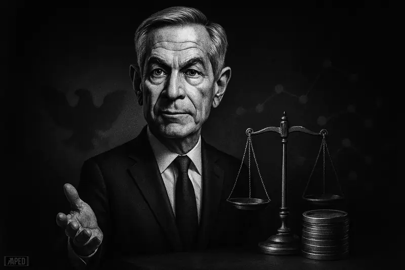 Christopher Waller in a grayscale photorealistic caricature, standing confidently with regulation and stablecoin symbols in a dark cinematic financial setting.
