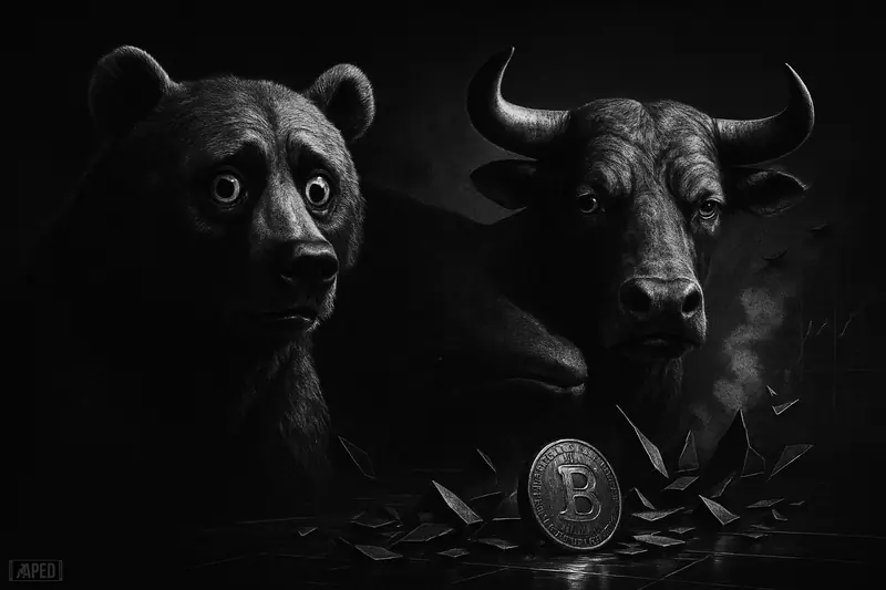 A strained bull and bear face a shadowy whale amid fractured crypto symbols and distant war silhouettes in a dark grayscale market scene.