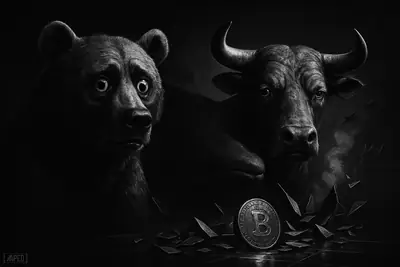 A strained bull and bear face a shadowy whale amid fractured crypto symbols and distant war silhouettes in a dark grayscale market scene.