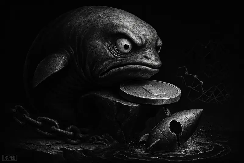 A tense grayscale whale guards a balanced disk above a leaking rocket-shaped basin, with fractured chains and a dark data-grid background.