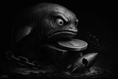 A tense grayscale whale guards a balanced disk above a leaking rocket-shaped basin, with fractured chains and a dark data-grid background.
