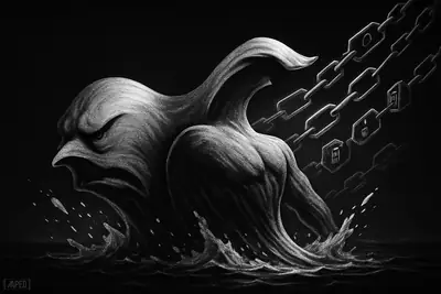 A grayscale ripple-like sea creature rises from dark water as falling shards contrast with glowing ledger rails and asset vaults behind it.