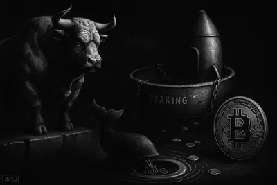 A monochrome bull stands firm beside a bitcoin coin while dark staking outflows drain from a rocket-shaped pool into shadowy water.