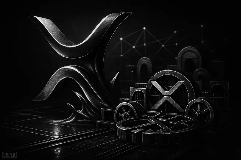 A metallic ripple-like creature surges above mechanical liquidity rails and locked exchange structures in a dark grayscale institutional DeFi scene.