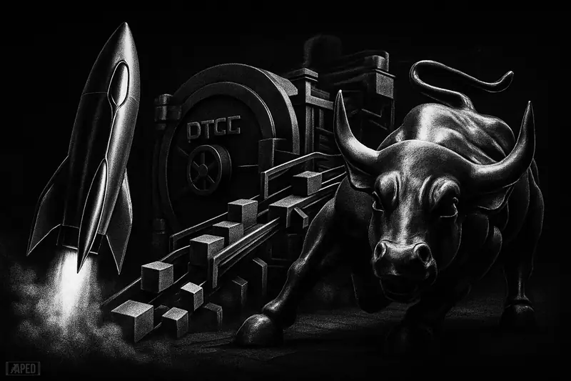 A grayscale rocket-like Stellar symbol launches from an institutional vault as tokenized assets flow forward and a bull charges beside it.