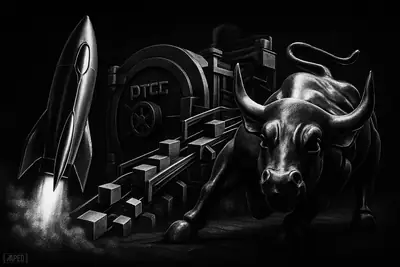 A grayscale rocket-like Stellar symbol launches from an institutional vault as tokenized assets flow forward and a bull charges beside it.