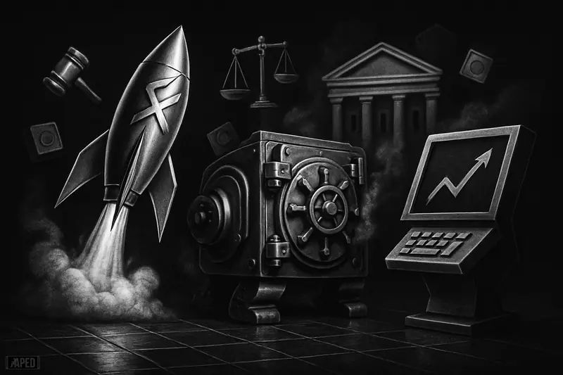 A monochrome rocket-like stellar symbol rises as a vault machine and exchange terminal confront each other before a dark financial fortress.