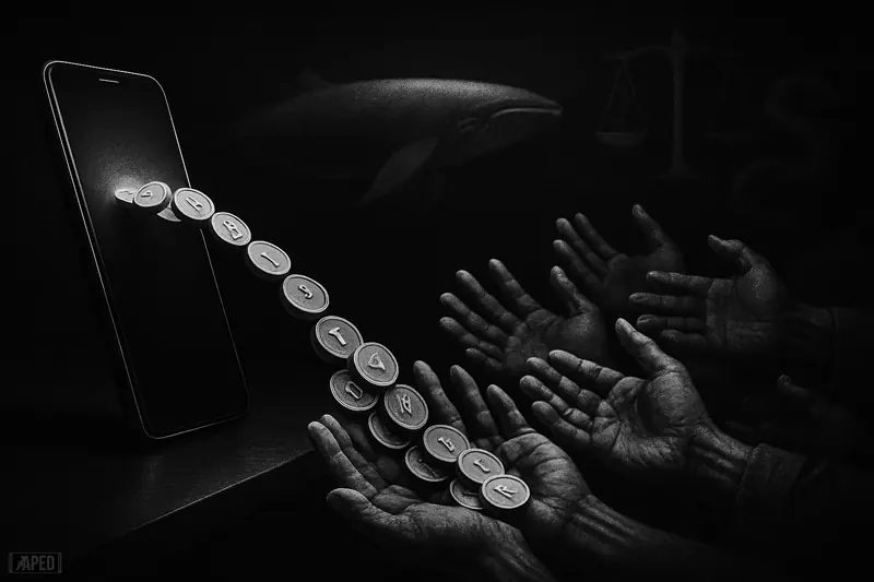 A dark smartphone releases streams of tokens into many hands, with a whale and legal symbols fading into a black grid background.