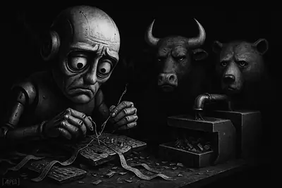 A weary robot repairs broken circuitry while a still bull and bear watch in a dark trading room with leaking AI machinery.