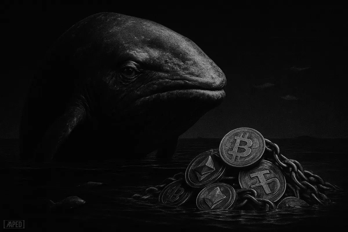 A giant grayscale whale rises from a still dark sea above sinking tokens, symbolizing quiet crypto markets and heavy accumulation.