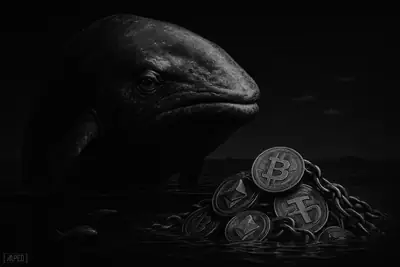 A giant grayscale whale rises from a still dark sea above sinking tokens, symbolizing quiet crypto markets and heavy accumulation.