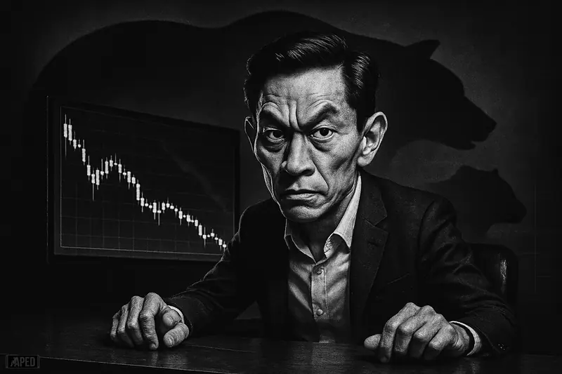 Garret Jin caricature at a trading desk, facing plunging charts with a looming whale shadow and bearish reflections in a dark grayscale scene.