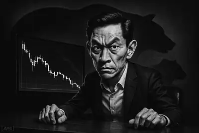 Garret Jin caricature at a trading desk, facing plunging charts with a looming whale shadow and bearish reflections in a dark grayscale scene.