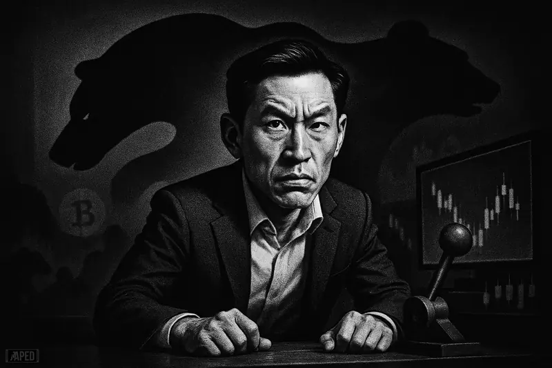 Garret Jin, rendered as a photorealistic caricature, leans tensely at a trading desk as a whale shadow and bearish market imagery surround him.
