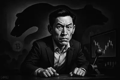 Garret Jin, rendered as a photorealistic caricature, leans tensely at a trading desk as a whale shadow and bearish market imagery surround him.