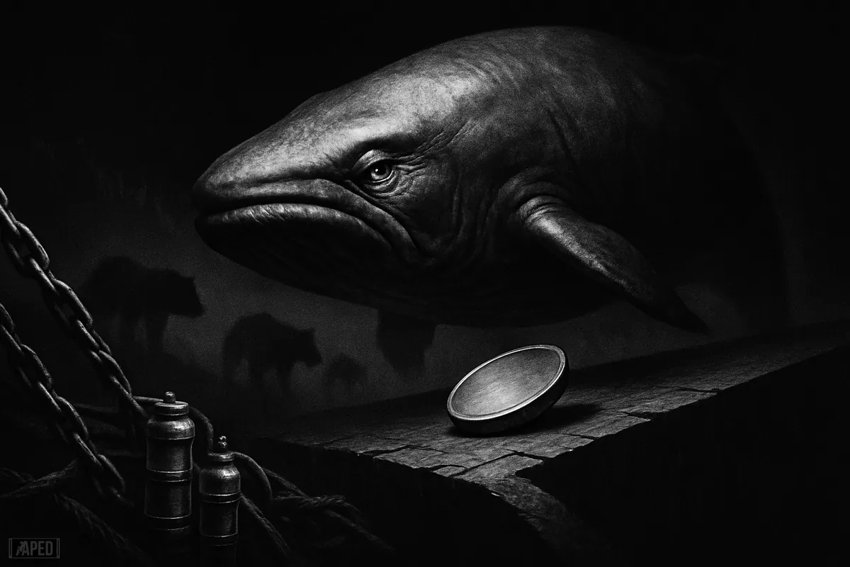 A giant strained whale looms over a slipping coin-like disk above a dark trading floor, with chains, gauges, and shadowy bears in grayscale.
