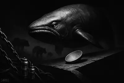 A giant strained whale looms over a slipping coin-like disk above a dark trading floor, with chains, gauges, and shadowy bears in grayscale.