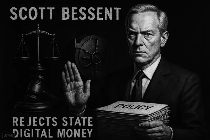 A grayscale caricature of Scott Bessent in a dark suit, refusing with one hand beside regulatory symbols and shadowy digital finance imagery.