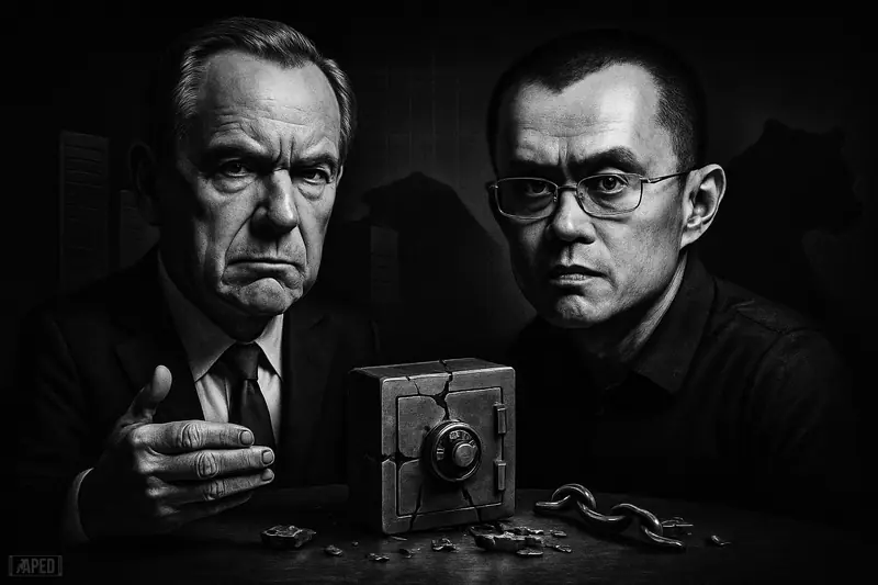 Scott Bessent and Changpeng Zhao face a broken vault and chain links in a dark grayscale financial security crisis scene.
