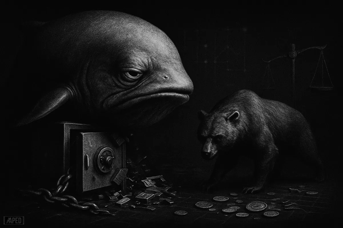 A slumped whale, prowling bear, and breached vault in a dark grayscale crypto market scene with tense cinematic lighting.
