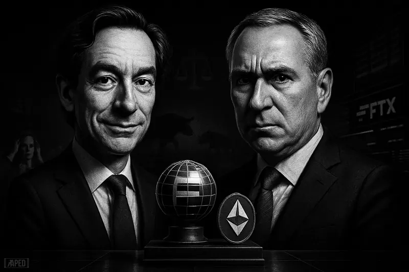 Jan van Eck and Kenneth Griffin face off on a dark trading floor beside ETF and crypto symbols in stark black and white.