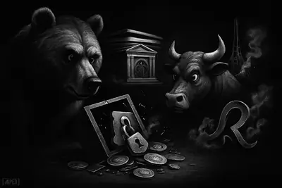 A wary bull and bear circle a broken vault and rumor-like smoke in a dark grayscale crypto market scene.