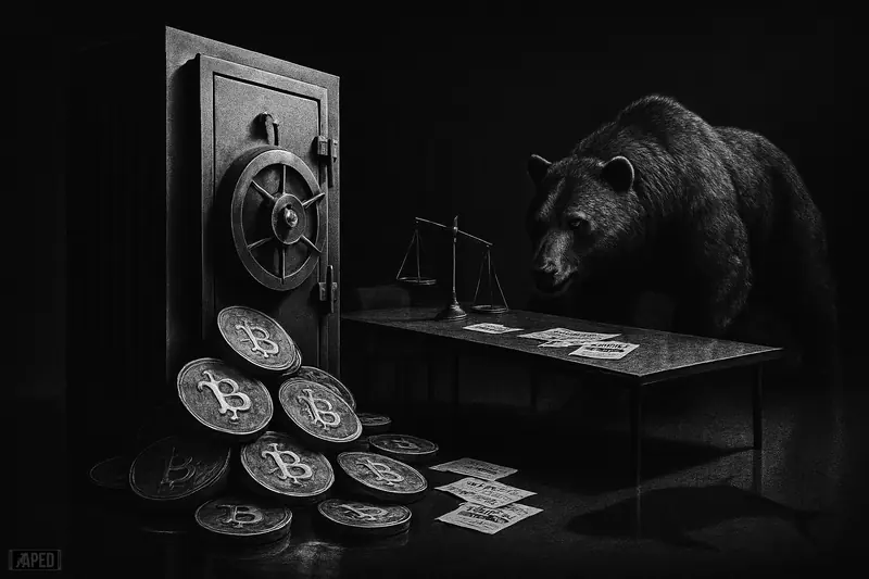 A cracked corporate vault spills Bitcoin-like coins as a tense bear prowls nearby in a dark grayscale finance scene.