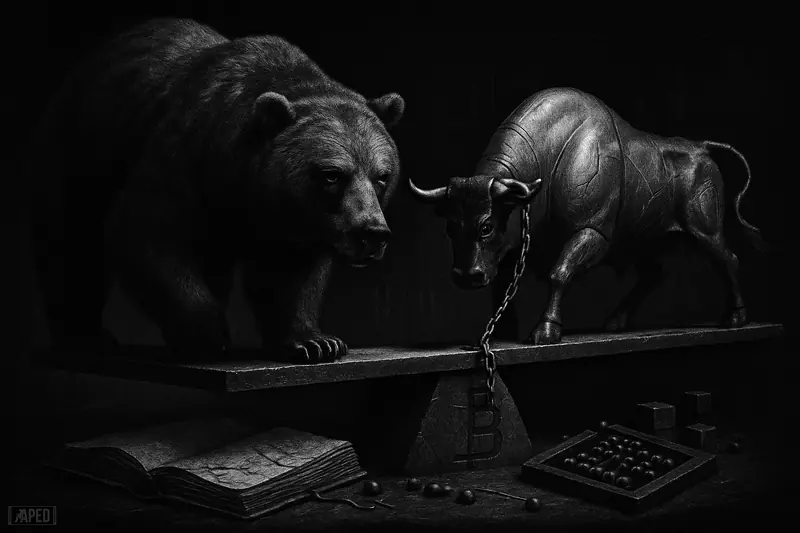 A grayscale bear and chained mechanical bull balance over darkness amid broken financial objects, evoking Bitcoin volatility and corporate balance sheet risk.