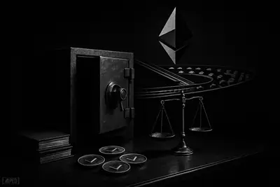 A dark grayscale chamber with a treasury vault, scales, ledgers, and a layered bridge-like structure symbolizing DAO governance and funding debate.