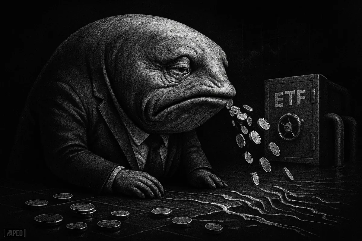 A grayscale suited whale slumps on a dark trading floor as coins spill away, evoking heavy Bitcoin ETF outflows and fading demand.