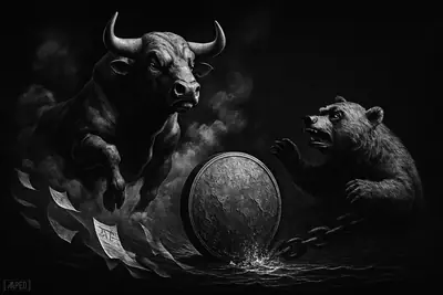 A grayscale bull surges upward beside a rising metallic disc as a retreating bear, torn papers, and broken sea chain suggest renewed risk appetite.