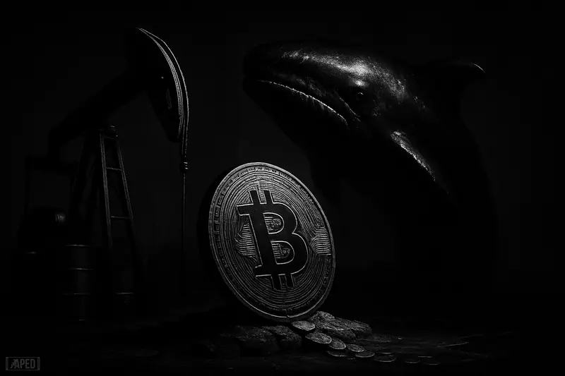 A grayscale bitcoin token under a looming pumpjack and shadowy whale, with refinery shapes and draining coins in a dark cinematic scene.