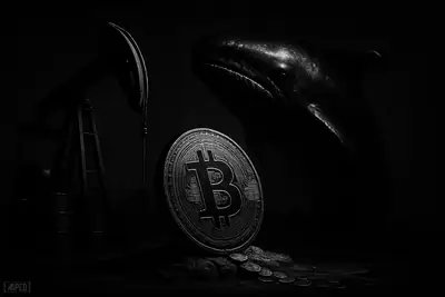 A grayscale bitcoin token under a looming pumpjack and shadowy whale, with refinery shapes and draining coins in a dark cinematic scene.