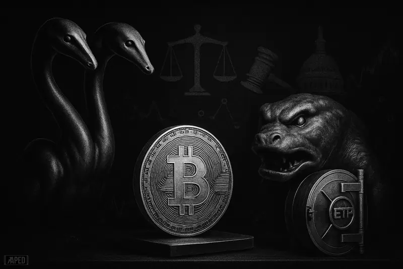 Twin metallic beast and ripple sea creature flank a bitcoin on a dark desk, with regulatory and market symbols in a shadowy grayscale scene.