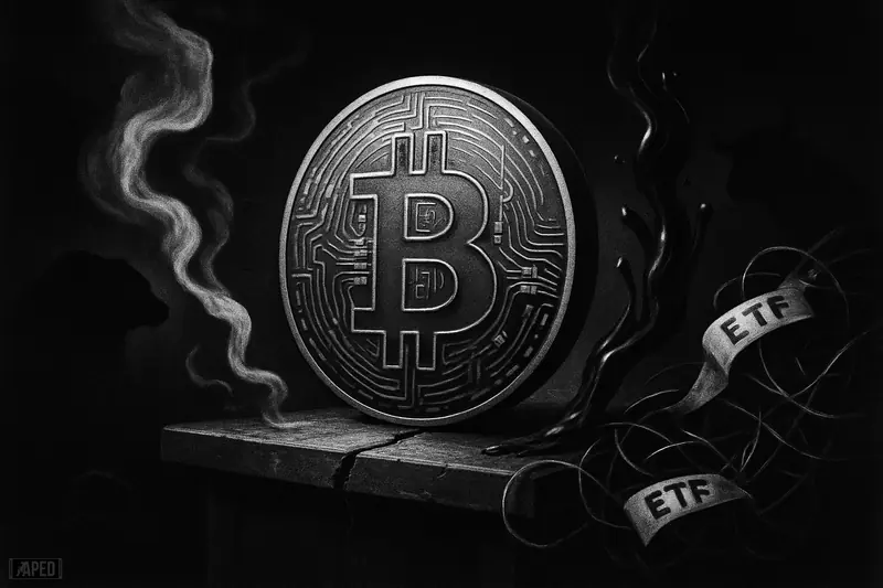 A giant Bitcoin-like coin balances on a cracked desk as oil smoke, market wires, and shadowy bull and bear forms surround it.